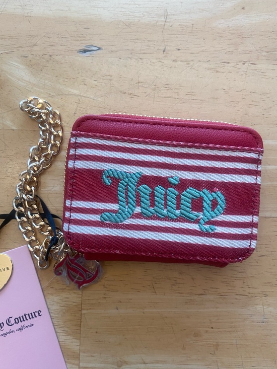 Juicy Couture Handbags - Juicy Couture Red Striped Zip wallet Id Card Holder w Chain & JC charm NWT